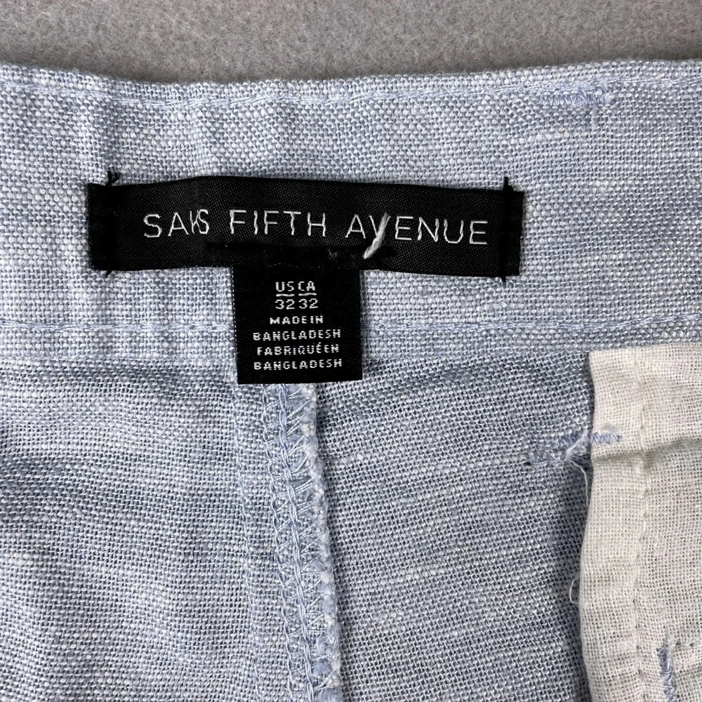 Saks Fifth Avenue Pants Mens 32x32 Light Blue Linen Flat Front Straight Trousers